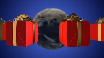 Red giftbox around the world - blue background Stock Footage 85734579
