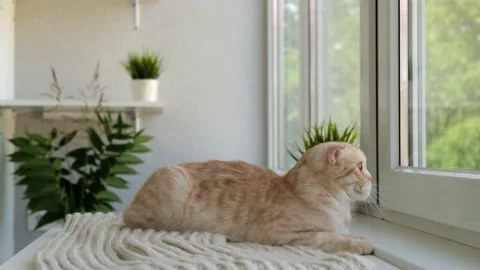 Red ginger tabby Scottish fold cat is sitting next to the window and looking Video stock 158970096