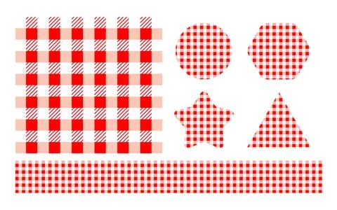 Red Gingham Plaid Pattern Shapes Set with Checkered Border Stripe Illustrazione stock