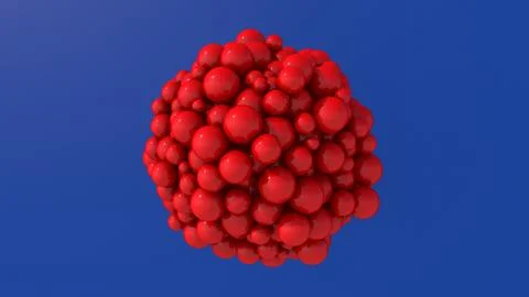 Red glass balls, bright blue background. Abstract illustration, 3d rendering. Stock Illustration
