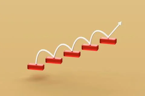 Red glass block stacking as step stair with white curved arrow up Stock Illustration