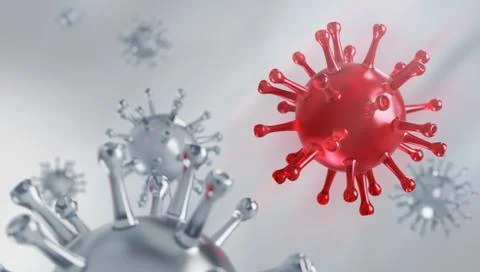 Red Glass Virus, 3D Render Illustration, Microscopic Dangerous Virus, Light Grey Stock-Illustration