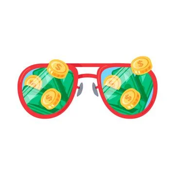 Red glasses with coin reflection flat illustration Illustrazione stock