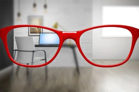 Red glasses with home office sharp and blurred 3d illustration of red glas... Stock Photos