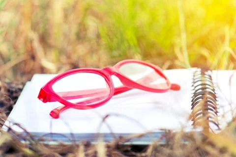 Red Glasses on Open Blank Notebook Stock Photos