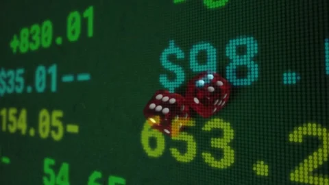 Red glassy dice entering top-left, rolling and bouncing across pixel market Stock Footage 329454079