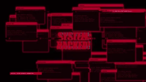 Red glitch hacking interface shows system hacked windows. digital malware r.. Stock Footage 346969021
