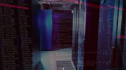 Red glitch lines streaking server corridor, code columns emerging and Stock Footage 313294326