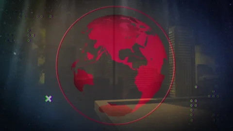 Red globe animation over cityscape with digital effects and abstract elements Stock Footage 306264582