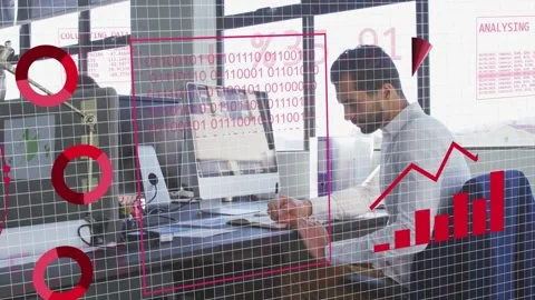Red globe appearing, HUD growing as analyst leaning, using computer, analyzing Stock Footage 333278462