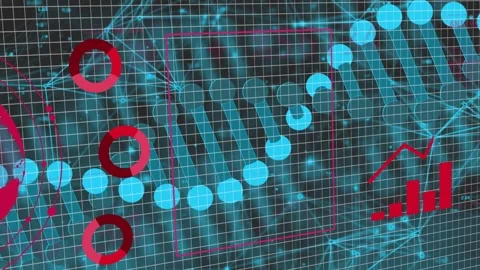 Red globe appearing, HUD launching cyan node chain, rotating pie, rising bars Stock Footage 334466404