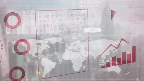 Red globe appearing triggers data dashboard animating over blurred room to show Stock Footage 335761785