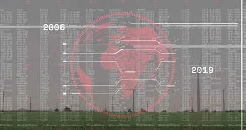 Red globe being animated at center, showing segmented gauge ring and glitch code Stock Footage 309098934