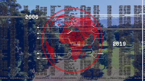 Red globe graphic being displayed over park scene, showing digital code columns Stock Footage 308677798