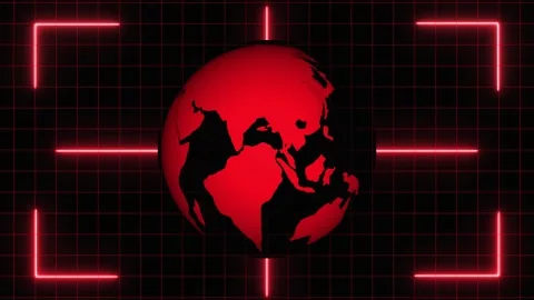 Red Globe Icon with Neon Grid and Framing Elements on Dark animated Backgro.. Stock Footage 321626331