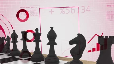 Red globe pulsing HUD orbiting binary panel filling charts rising chess pieces Stock Footage 335761847