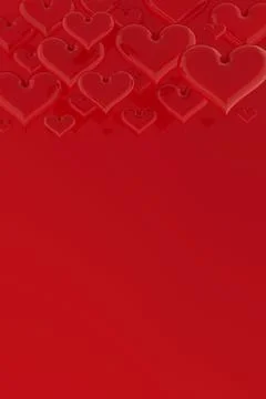 Red glossy hearts as pattern, border with copy space for text on red backgrou Stock Photos