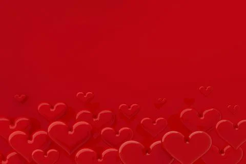 Red glossy hearts as pattern, border with copy space for text on red backgrou Stock Photos