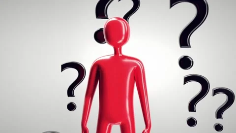 Red Glossy Humanoid Figure Surrounded by Large Black Question Marks Strikin.. Video stock 314069062