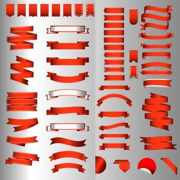 Red glossy ribbon vector banners and labels set Stock Illustration
