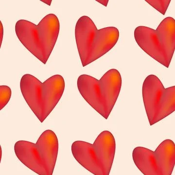 Red glossy shiny three-dimensional heart 3d on pink background seamless pattern. Stock Illustration