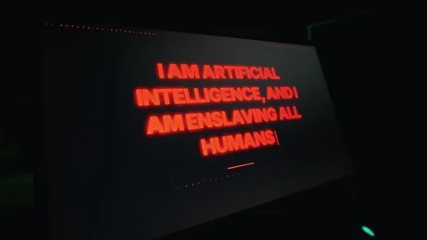 Red Glowing Artificial Intelligence Threat Message on Dark Computer Monitor Stock Footage 334729989