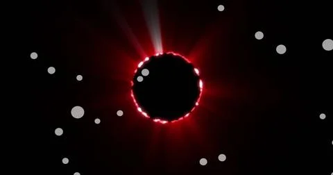 Red glowing circle with light rays and white dots image on black background Stock Photos