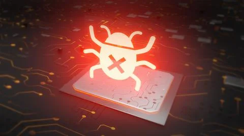 Red glowing computer bug on infected chip in cyberspace 3d render. Stock Illustration