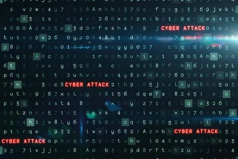 Red glowing 'CYBER ATTACK' text is flashing over flat digital code matrix, with Stock Illustration