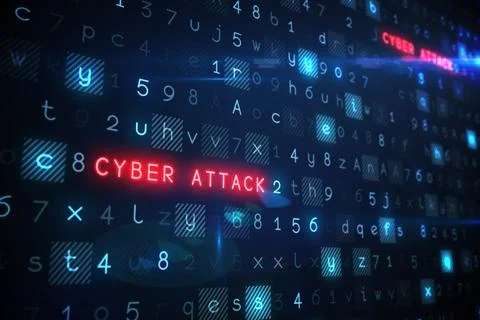 Red glowing CYBER ATTACK text is floating over dark digital code grid, with neon Stock Photos