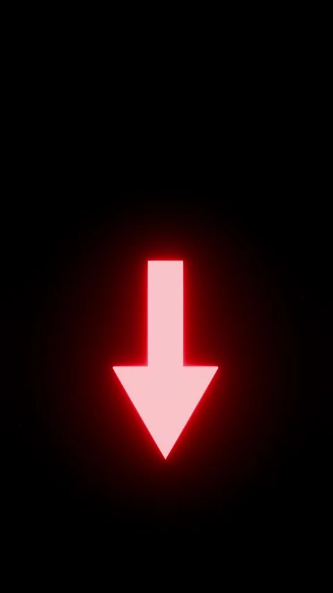 Red glowing down arrow symbol on a dark black background, indicating direction Stock Footage 340093202