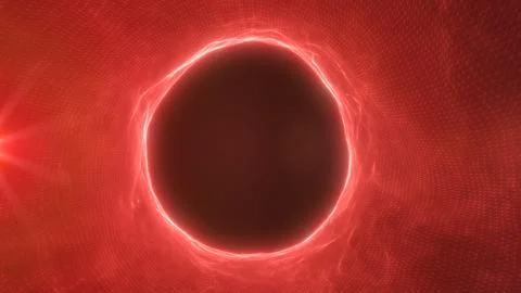 Red glowing energy ring around a dark void on a futuristic wireframe grid, .. Illustrazione stock