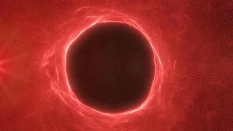 Red glowing energy ring around a dark void on a futuristic wireframe grid, .. Stock Illustration