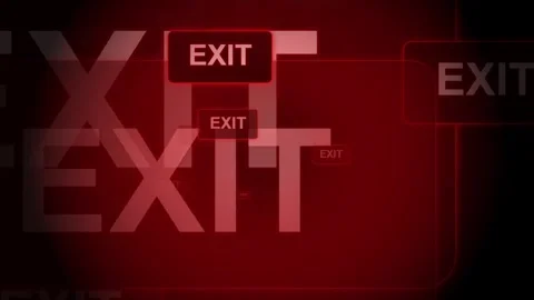 Red glowing exit signs arranged in a digital matrix pattern on dark background Stock Footage 346075957