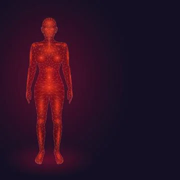 Red glowing female low poly silhouette on a dark background Stock Illustration