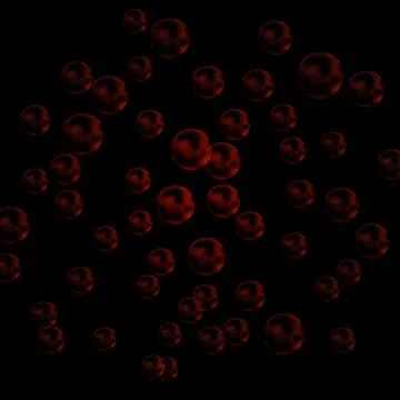 Red glowing floating bubbles on black background, abstract dark liquid particles Ilustração Stock