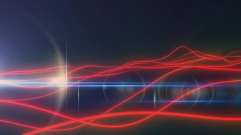 Red glowing light waves crossing a dark background with lens flare, creatin.. Illustrazione stock