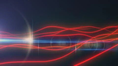 Red glowing light waves crossing a dark background with lens flare, creatin.. Stock Illustration