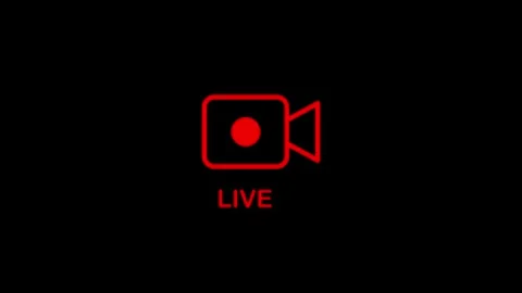Red glowing live stream recording icon animation on a black background, vid.. Stock Footage 329145204