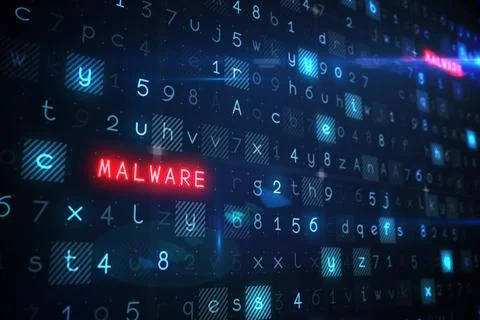Red glowing MALWARE block is shining on dark digital grid illustration, with Foto stock