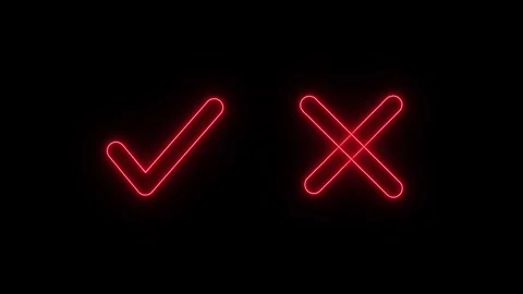 Red glowing neon check mark and cross mark appearing on black background, i.. Stock Footage 345550289