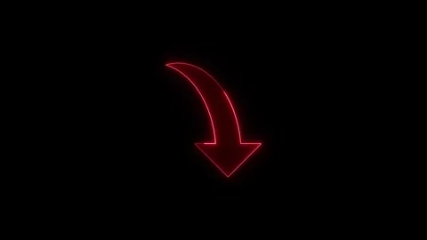 Red glowing neon curved arrow pointing down animated sign isolated on black.. Stock Footage 345550075