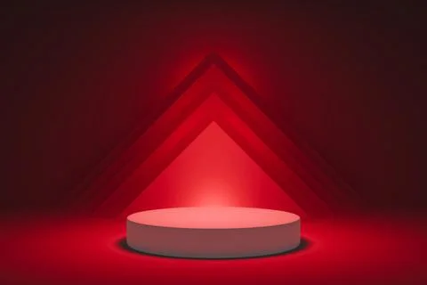 Red glowing neon triangle behind 3D product pedestal. Stock Illustration