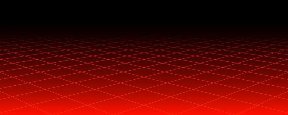 Red glowing neon wireframe background. Shining diagonal checkered grid planes in Stockillustratie
