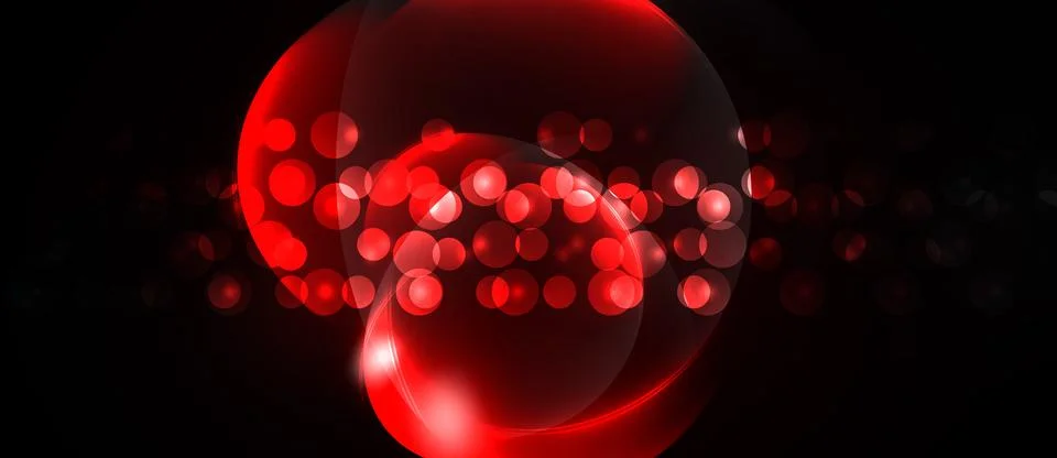 Red glowing orbs, circles, light effects dominate black background. Abstract Stock Illustration