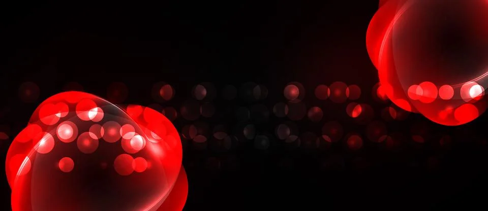 Red glowing orbs float against dark background. Bokeh effects create dynamic Stock Illustration