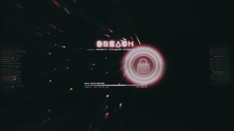 Red glowing padlock icon representing a compromised system, Data Breach Stock Footage 335880250