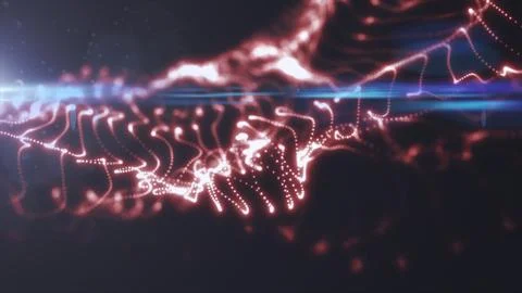 Red glowing particle stream with flowing dotted curves and lens flare, perf.. Stock Illustration