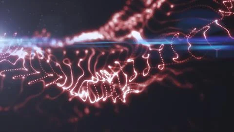 Red glowing particle stream with flowing dotted curves and lens flare, perf.. Stockillustratie