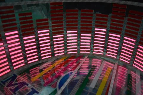 Red glowing plastic equalizer, electronics glowing to the music. 스톡 사진
